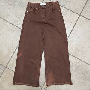 Risen Jeans Brown High Rise Wide Leg Straight Crop 7/28 Vintage Wash Raw Hem